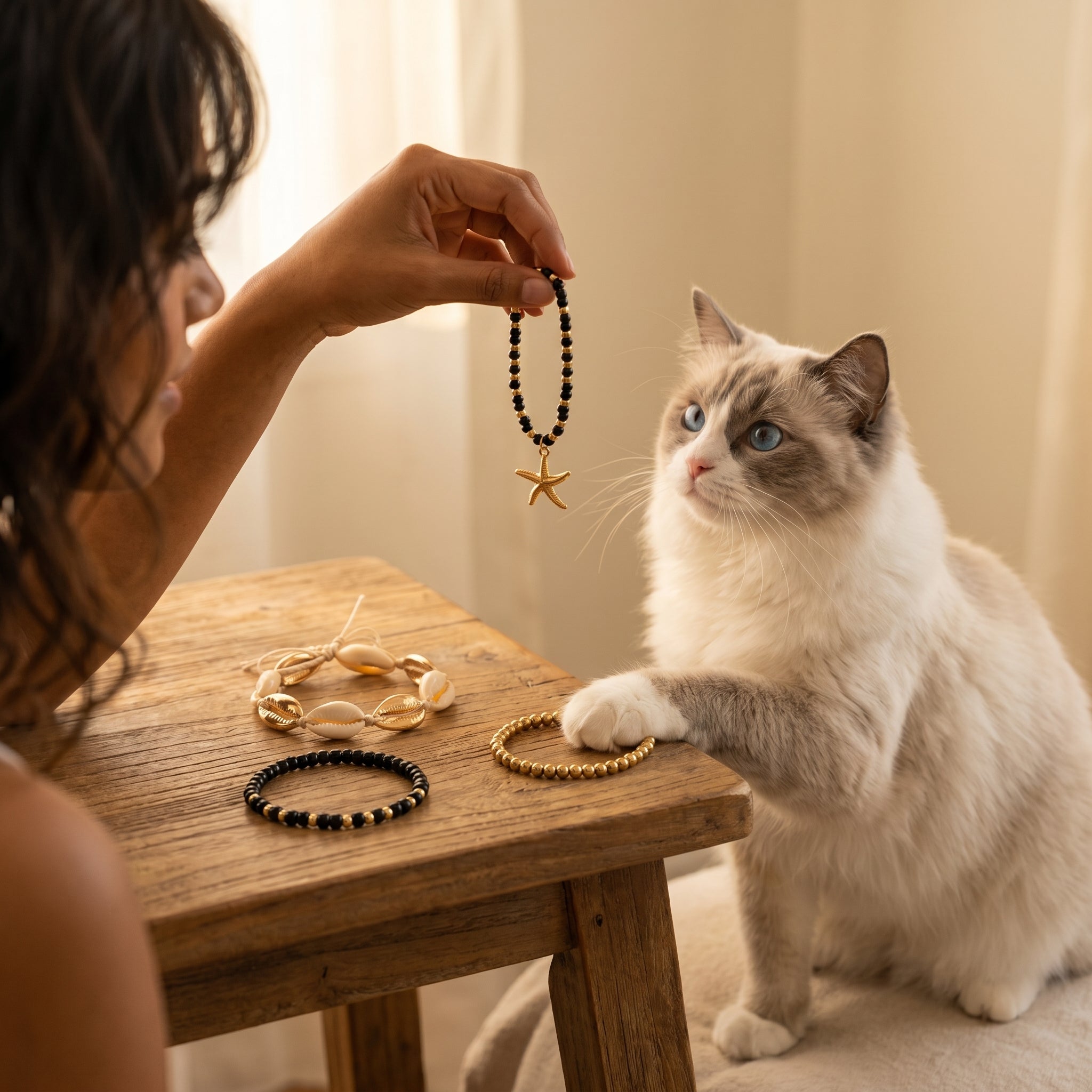 A person holds up a black beaded bracelet with a gold starfish charm next to a fluffy white and gray cat with blue eyes, who is reaching toward bracelets on a small wooden table.