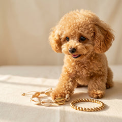 A small curly-haired tan dog sits on a cream fabric surface, reaching toward gold-toned beaded jewelry and shell-style accessories arranged in front of it.