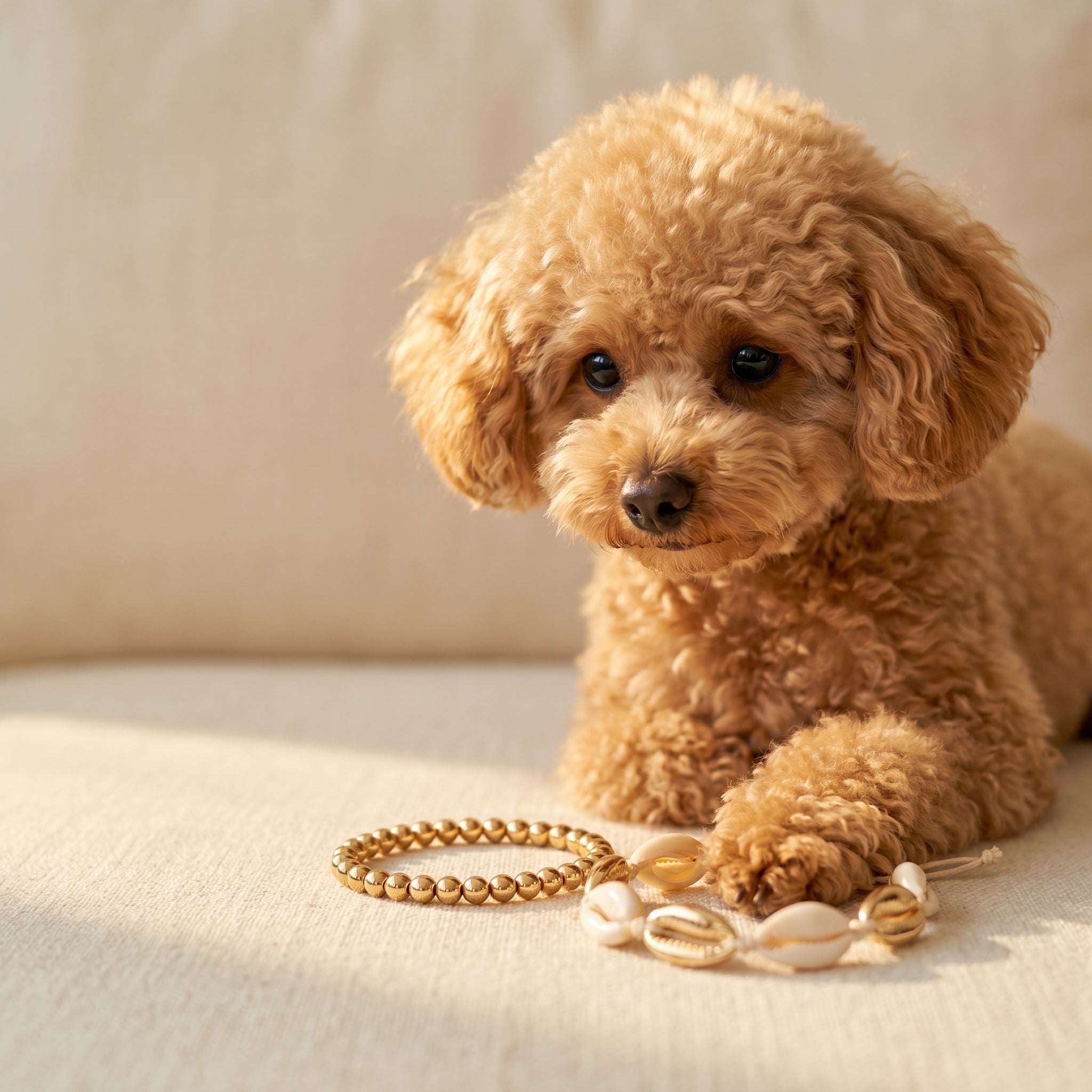 A small curly-haired tan dog lies on a cream fabric surface, looking toward the camera while a gold beaded bracelet and a white shell-beaded bracelet rest in front of it.