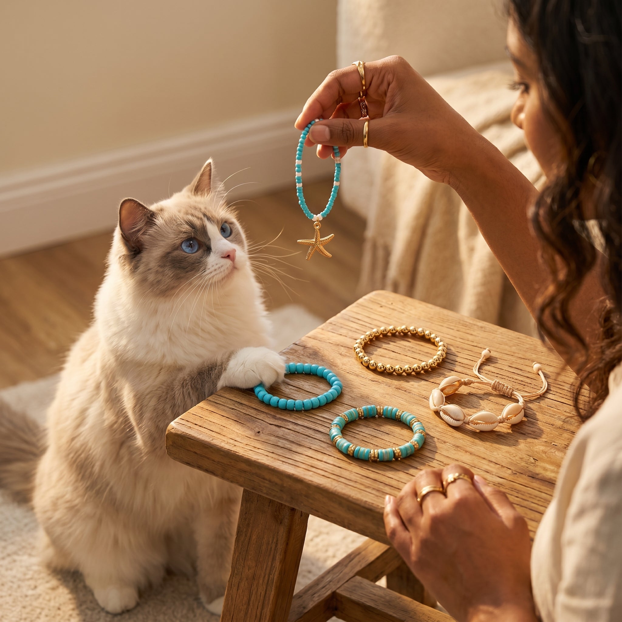 A woman holds up a turquoise and gold beaded bracelet with a starfish charm while looking at a fluffy cream-colored cat sitting at a wooden table. Several other bracelets are displayed on the table in a warm, cozy indoor setting.