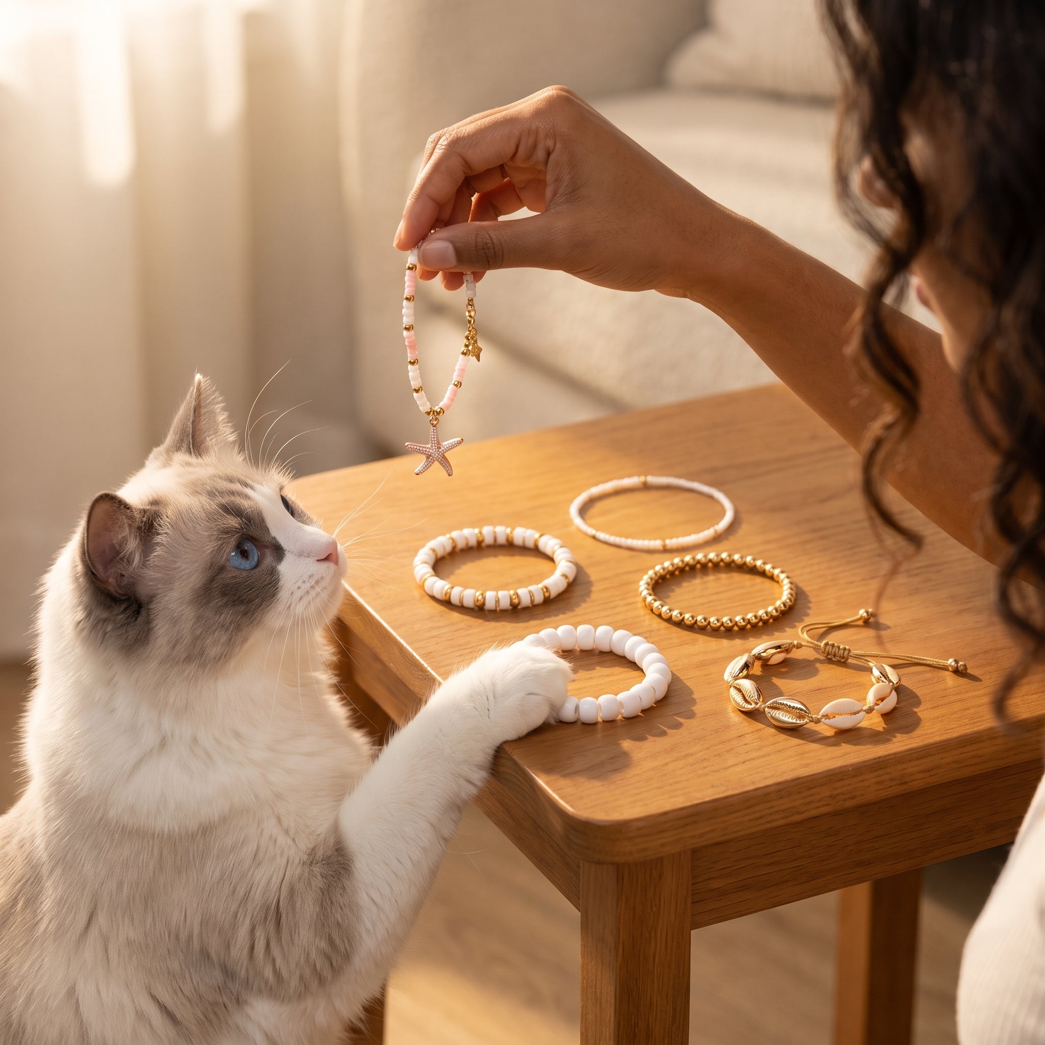 A person holds a beaded bracelet with a starfish charm above a cat, which is reaching toward the jewelry on a wooden table. Several beaded bracelets are displayed on the table in a warm, sunlit indoor setting.