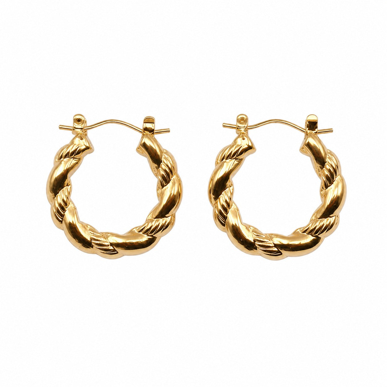 A pair of gold hoop earrings with a twisted rope design, displayed on a clean white background.