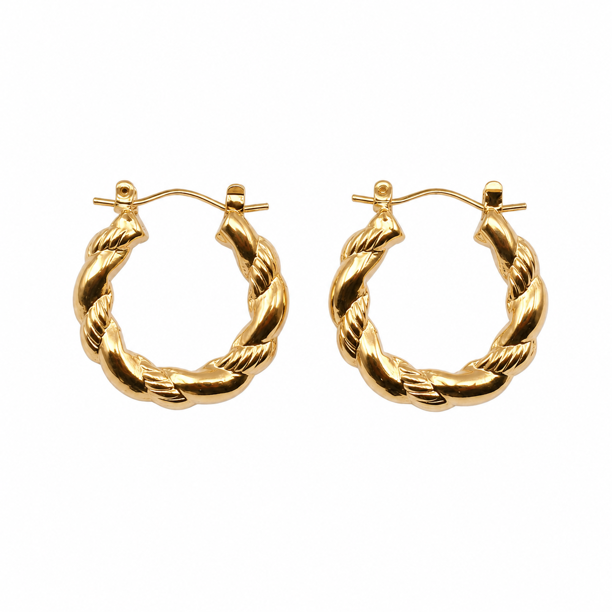 A pair of gold hoop earrings with a twisted rope design, displayed on a clean white background.