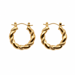 A pair of gold hoop earrings with a twisted rope design, displayed on a clean white background.