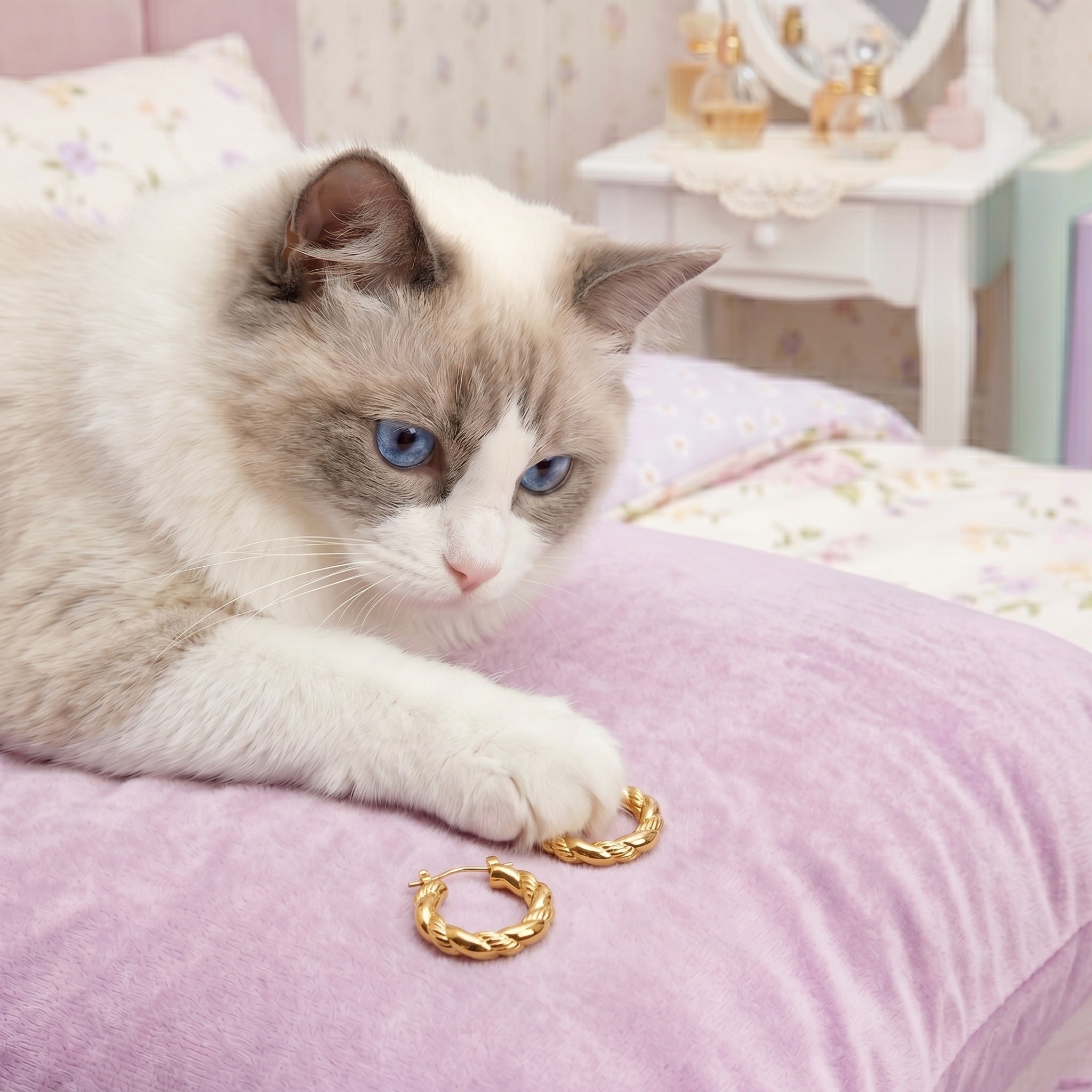 A fluffy white and gray cat with blue eyes lies on a pink bed, reaching toward a pair of gold hoop earrings placed near its paw in a softly decorated bedroom.