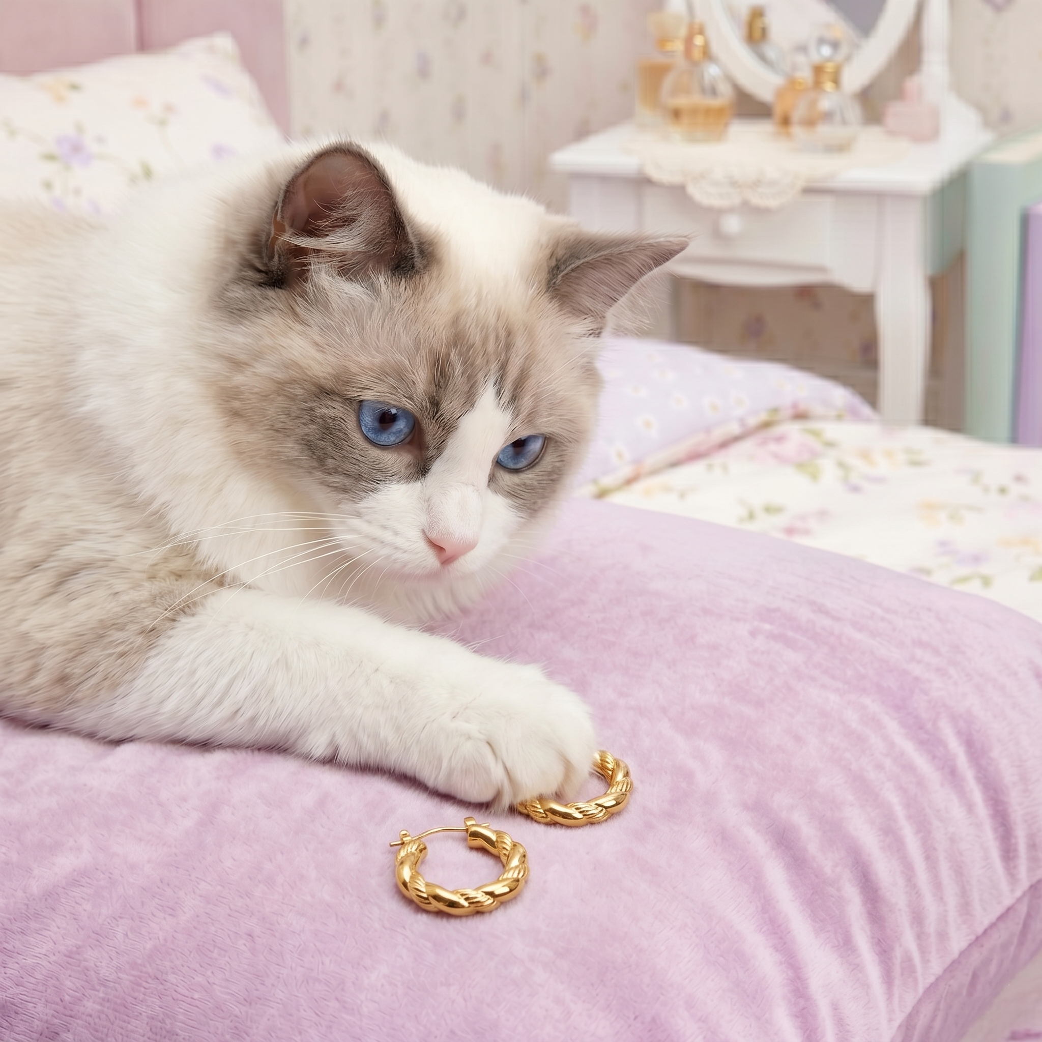 A fluffy white and gray cat with blue eyes lies on a pink bed, reaching toward a pair of gold hoop earrings placed near its paw in a softly decorated bedroom.