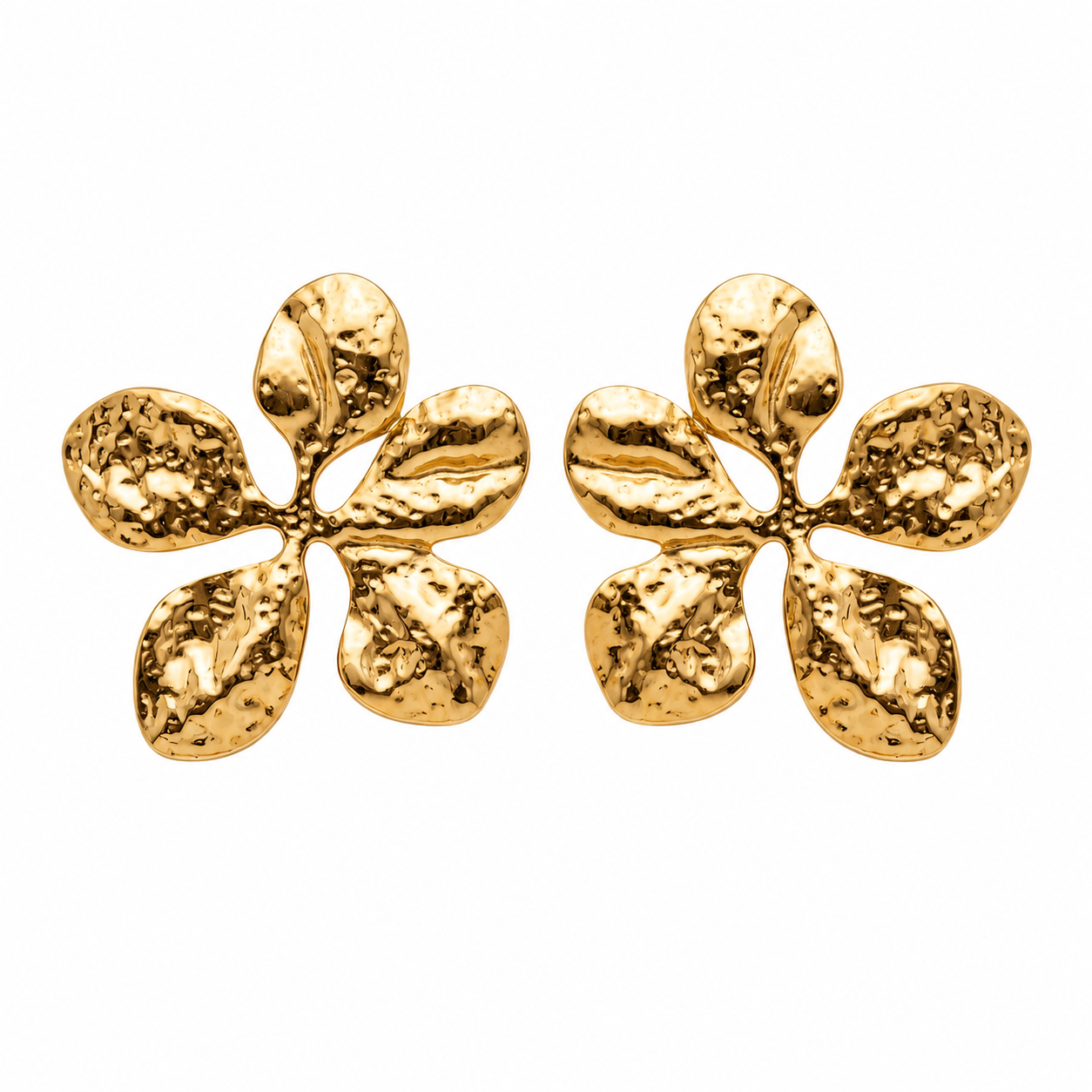 A pair of textured gold flower-shaped stud earrings on a plain white background.