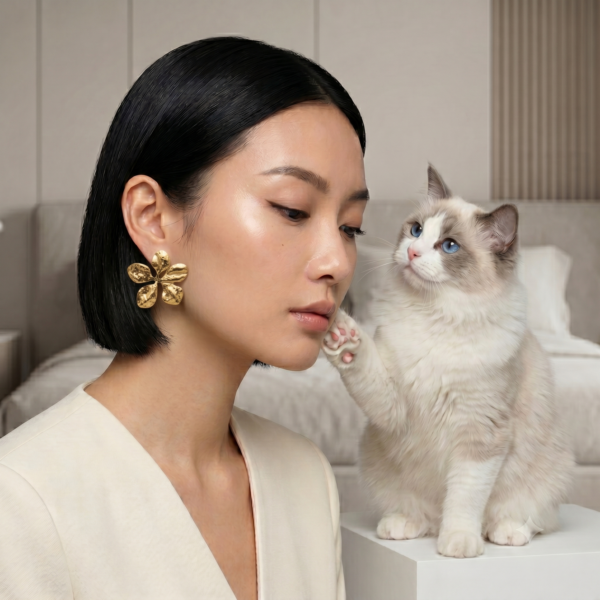 A woman with short black hair wears a textured gold flower-shaped earring, while a fluffy white and gray cat sits beside her on a white pedestal in a softly lit bedroom setting.