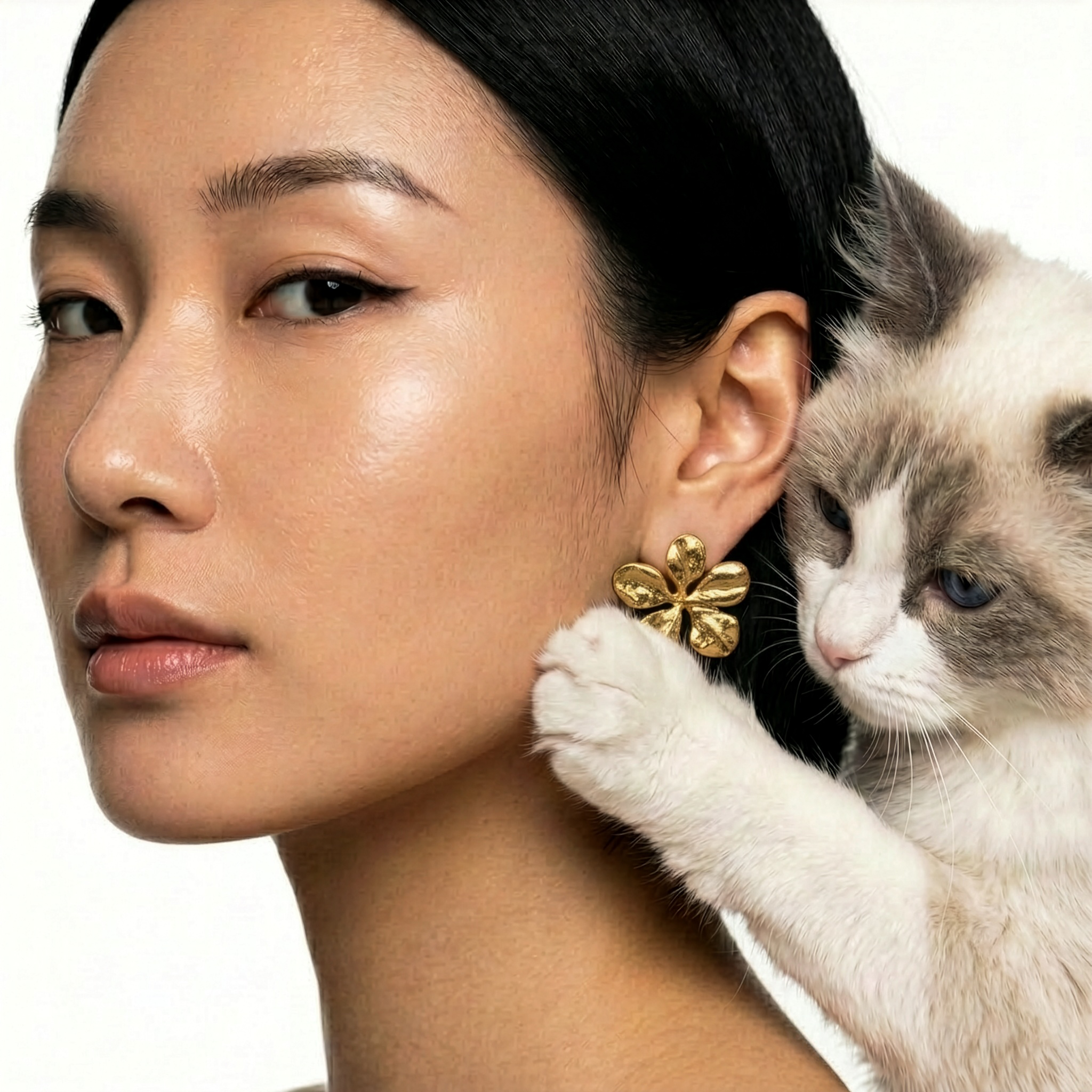 A close-up portrait of a woman wearing a gold flower-shaped earring, with a white and gray cat resting against her neck and paw touching the earring. The background is a clean white studio backdrop.