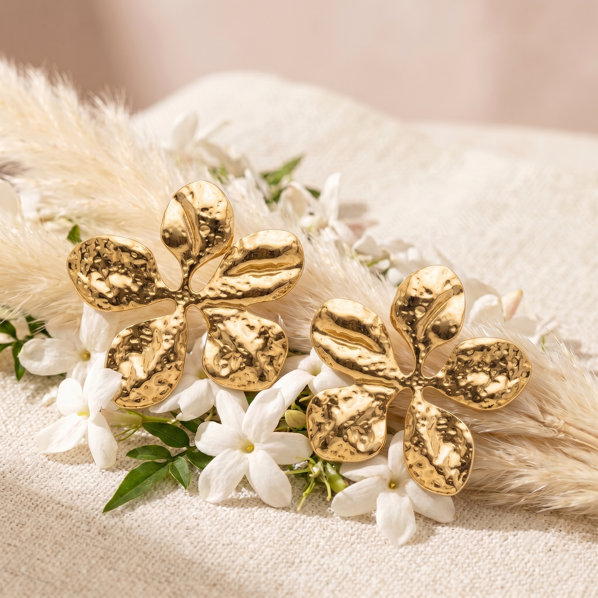 Two textured gold flower-shaped hair claw clips styled with white flowers and pampas grass on a beige fabric background.