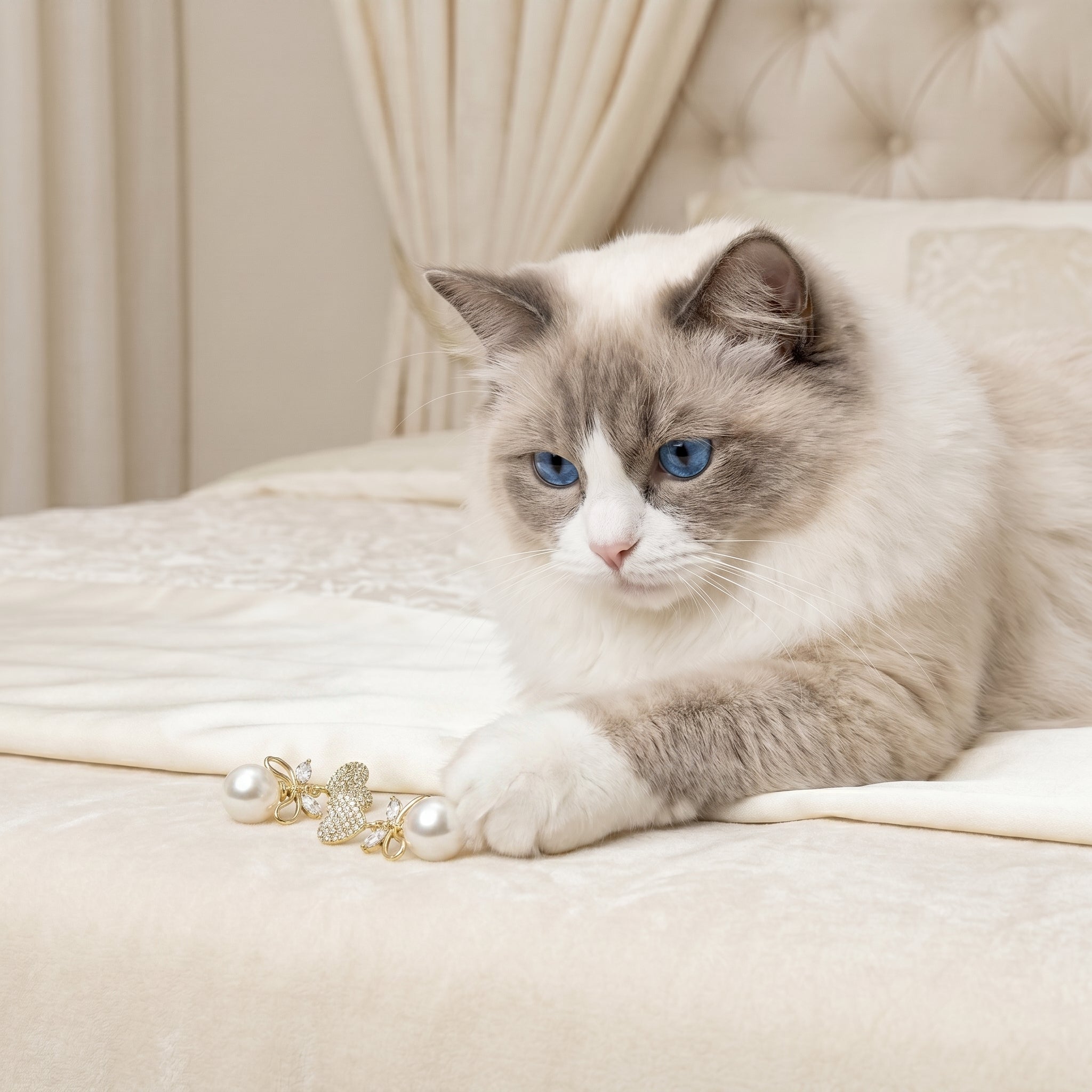 A fluffy white and gray cat with blue eyes lies on a cream-colored bed, looking at a small gold-toned jewelry piece with white pearls.