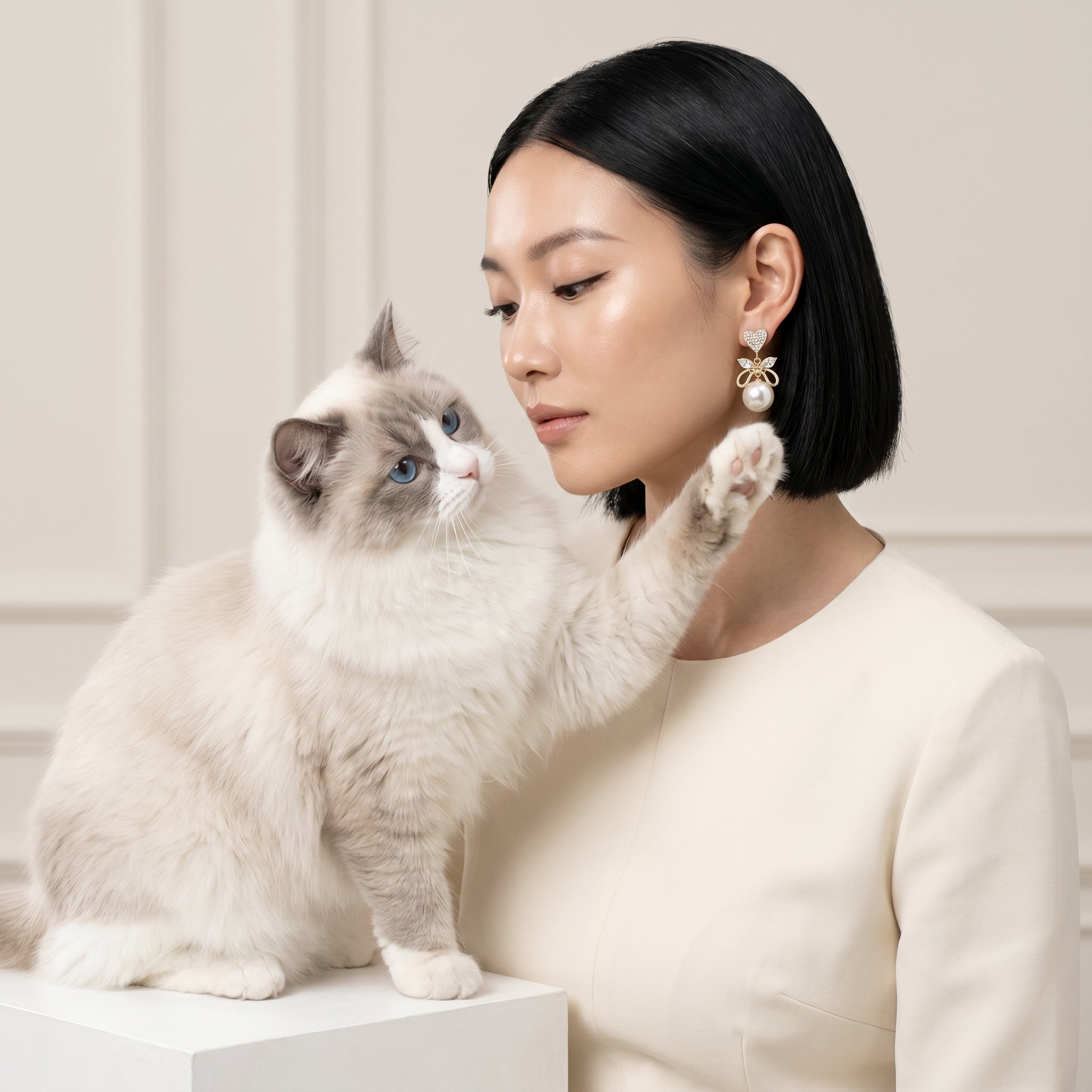A woman with a short black bob hairstyle and a fluffy cream-colored cat with blue eyes sit together on a white pedestal in a softly lit indoor setting. The woman is wearing a cream-colored top and a pearl bow earring, while the cat reaches toward her face.