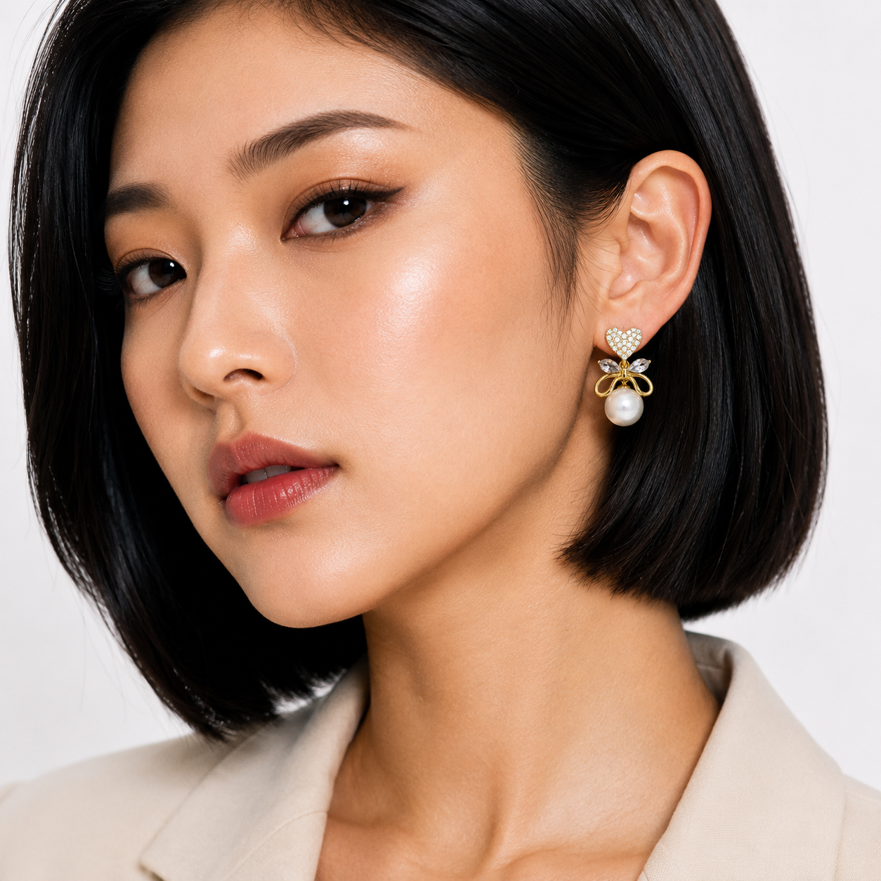A close-up of a woman with a short dark bob wearing a gold bow-shaped earring with a white pearl and small clear stones, against a clean light background.