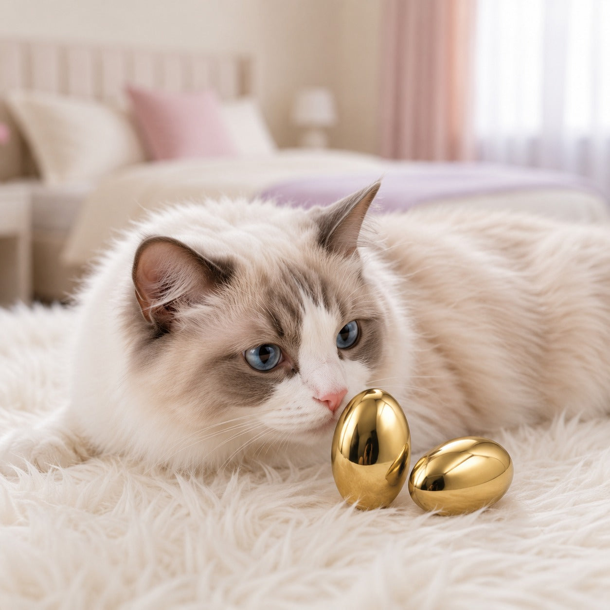 A fluffy cream and white cat with blue eyes lies on a white shag rug next to two shiny gold decorative eggs in a softly lit bedroom setting.