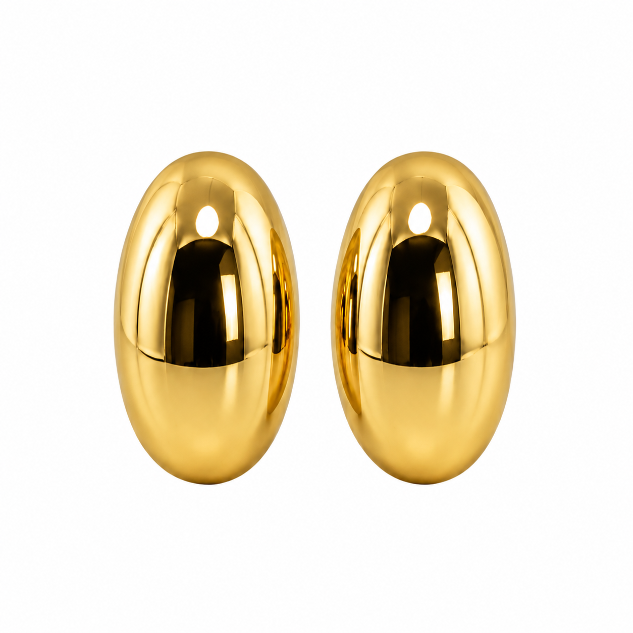 A pair of polished gold oval stud earrings with a reflective, mirror-like finish, shown on a plain white background.