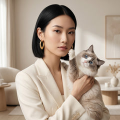 A woman with a straight black bob holds a fluffy gray and white cat in a bright, modern living room. She is wearing a cream-colored blazer and gold hoop earrings.