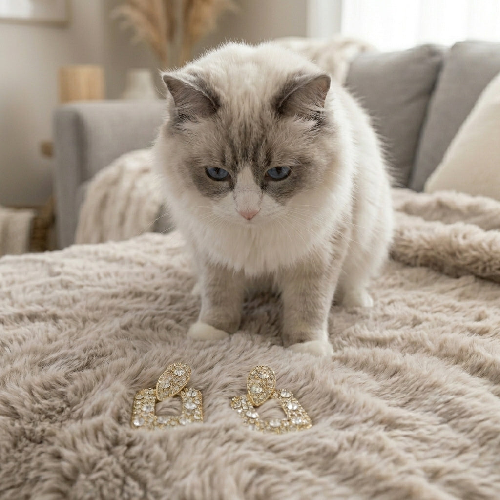 A fluffy white and gray cat stands on a beige sherpa blanket in a cozy living room, looking down at a pair of gold-tone bow-shaped earrings embellished with clear rhinestones.