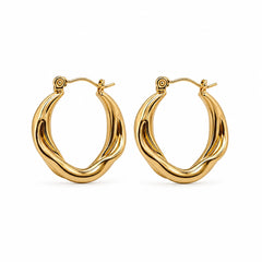 A pair of gold-toned twisted hoop earrings with a polished finish, displayed on a clean white background.