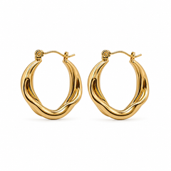A pair of polished gold hoop earrings with a twisted, organic wavy design, displayed on a clean white background.