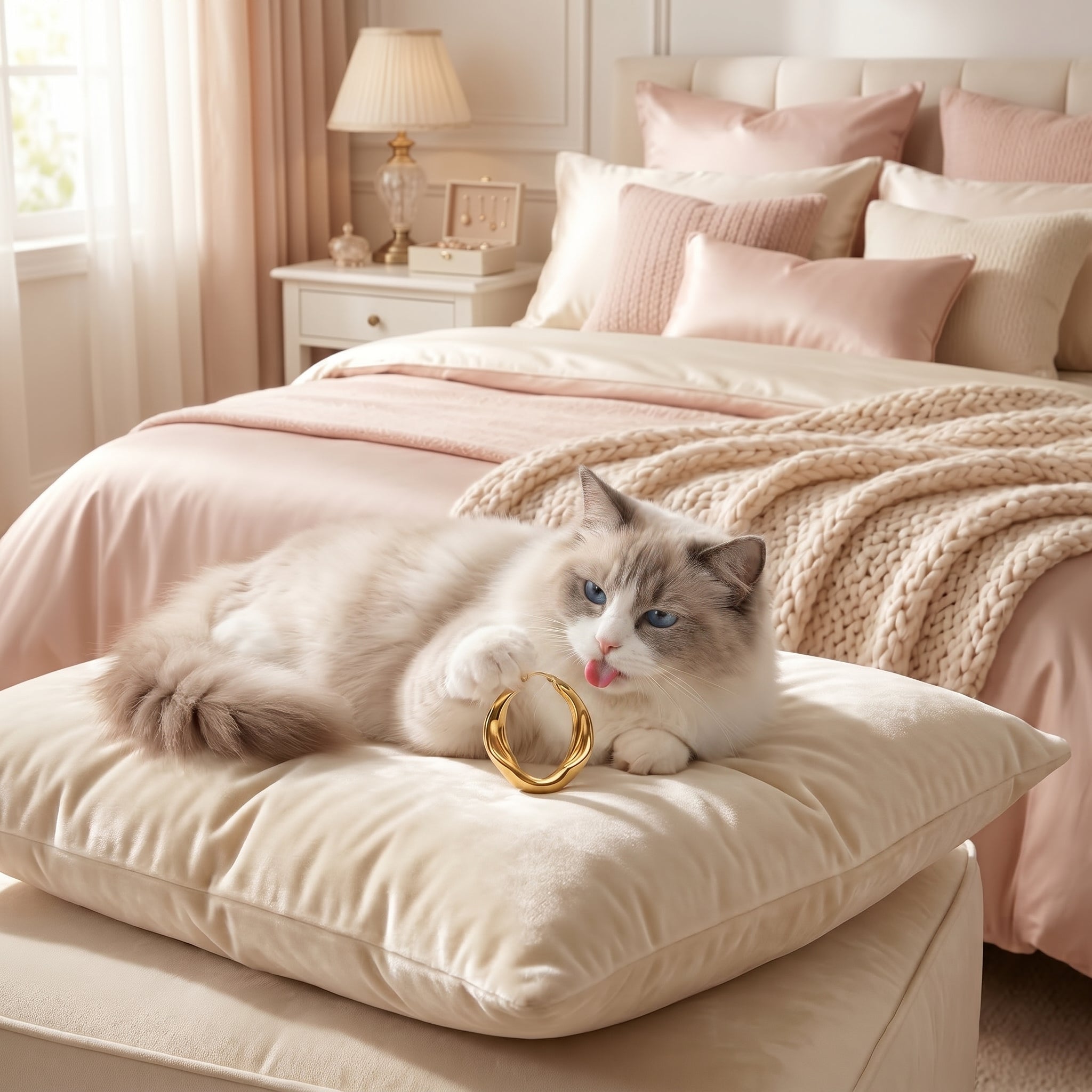 A fluffy cream and gray cat lies on a cream pillow in a softly lit bedroom, holding a gold ring. A made bed with blush pink bedding, pillows, and a knit blanket is visible in the background.