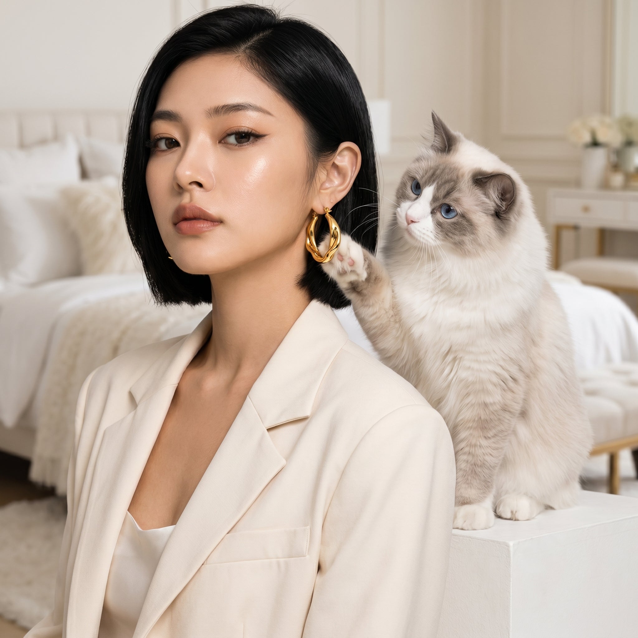 A woman with short black hair wears a cream blazer and a chunky gold hoop earring, posed indoors next to a fluffy white and gray cat on a white pedestal. The background shows a softly lit bedroom with white bedding and neutral decor.