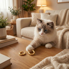A fluffy cream and gray cat with blue eyes sits on a wooden table in a cozy living room, reaching toward two small gold hoop earrings placed in front of it.