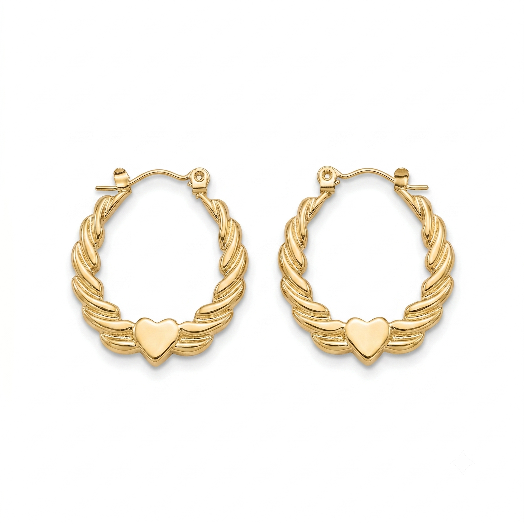 A pair of gold hoop earrings with a twisted rope design and a small flat heart charm at the bottom, shown on a plain white background.