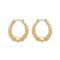 A pair of gold hoop earrings with a twisted rope design and a small flat heart charm at the bottom, shown on a plain white background.
