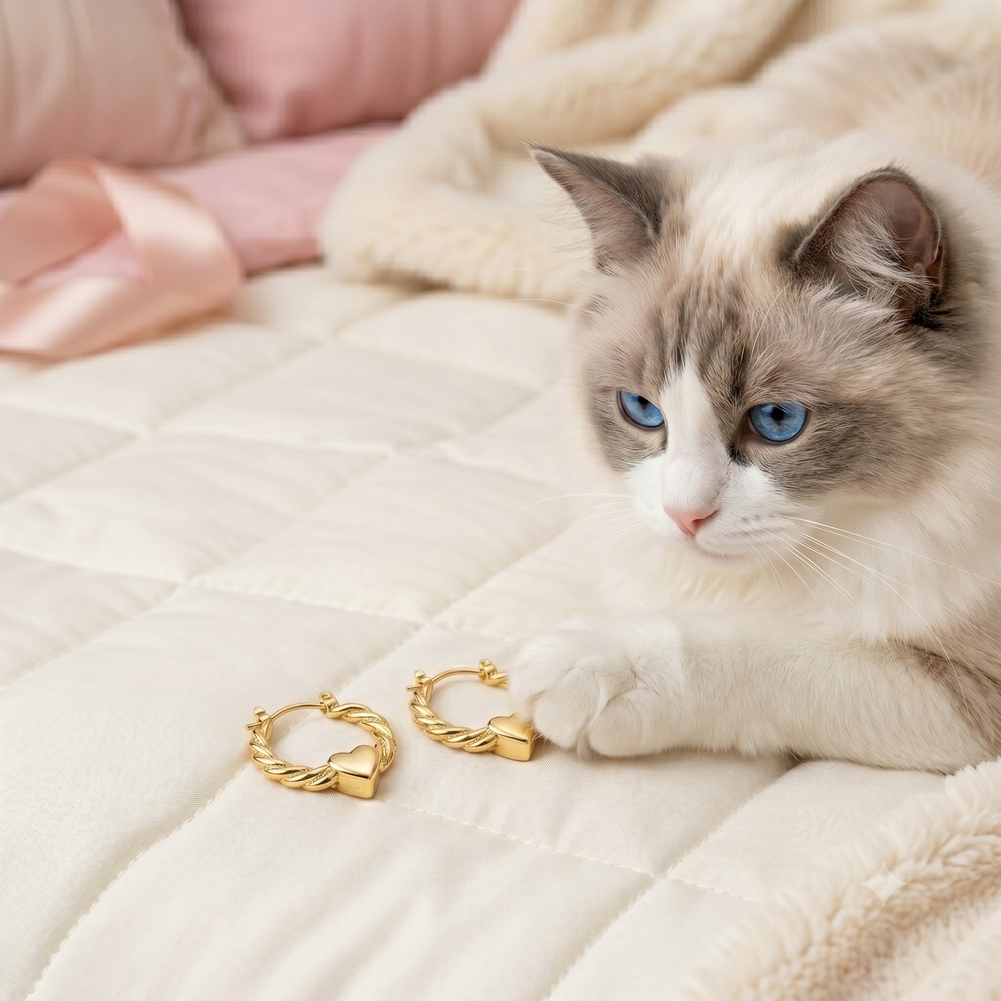 A fluffy white and gray cat with blue eyes lies on a cream quilted bedspread next to a pair of gold heart-shaped hoop earrings. Pink bedding and a soft blanket are visible in the background.