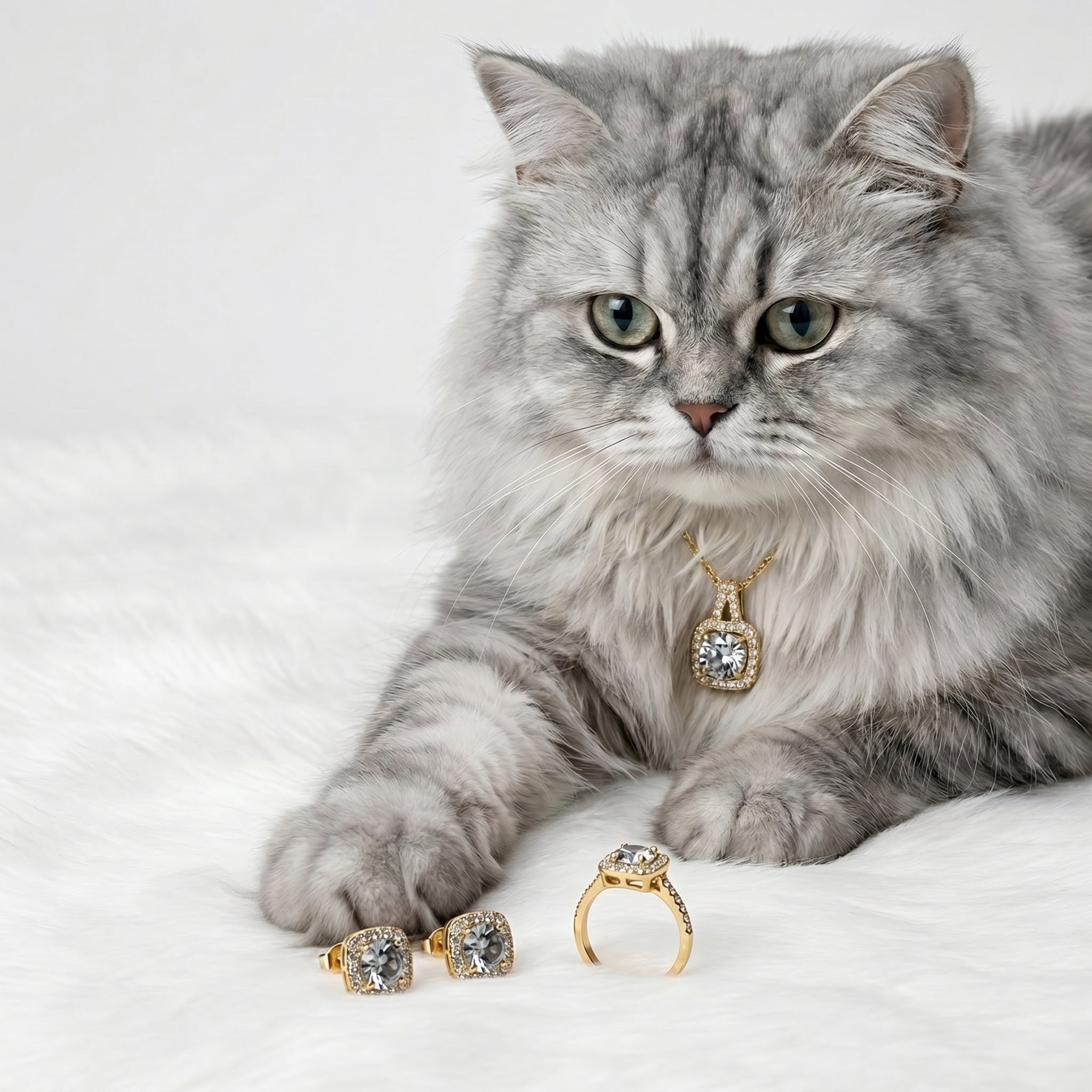 A fluffy gray cat lies on a white faux-fur surface while wearing a gold pendant necklace with a clear gemstone. Two matching gold rings with clear gemstones are placed in front of it.