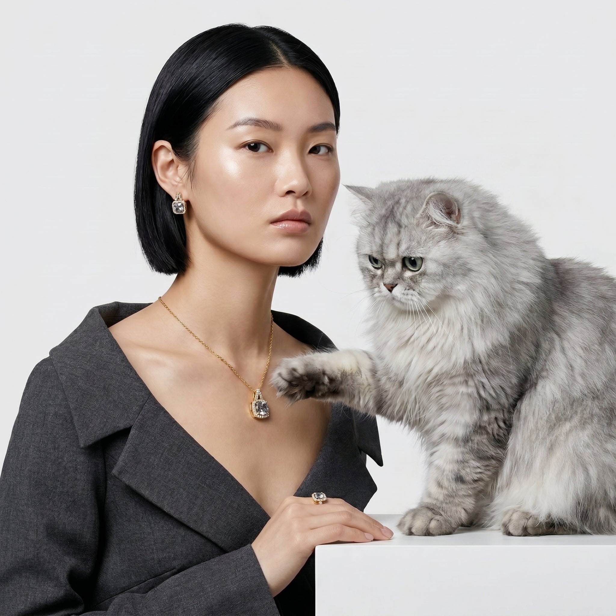 A woman with short black hair wears a delicate gold necklace with a heart-shaped pendant and a matching ring, posed next to a fluffy gray cat on a white surface against a light gray background.