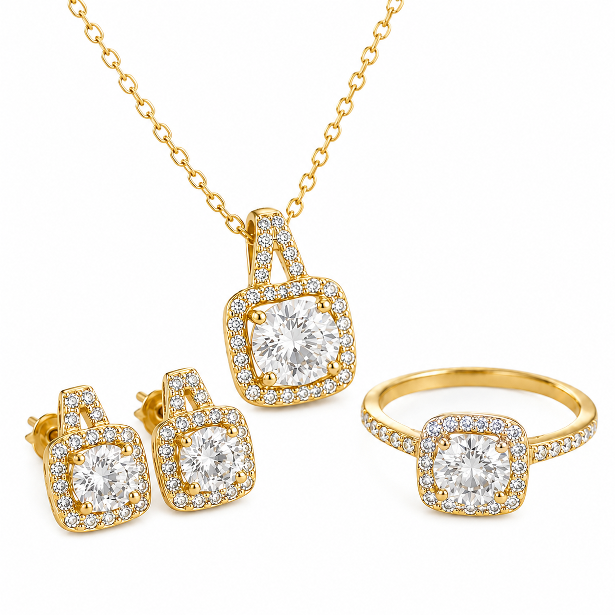 Gold jewelry set featuring a pendant necklace, matching stud earrings, and a ring, each with a square cushion-cut clear gemstone surrounded by small pavé stones on a white background.