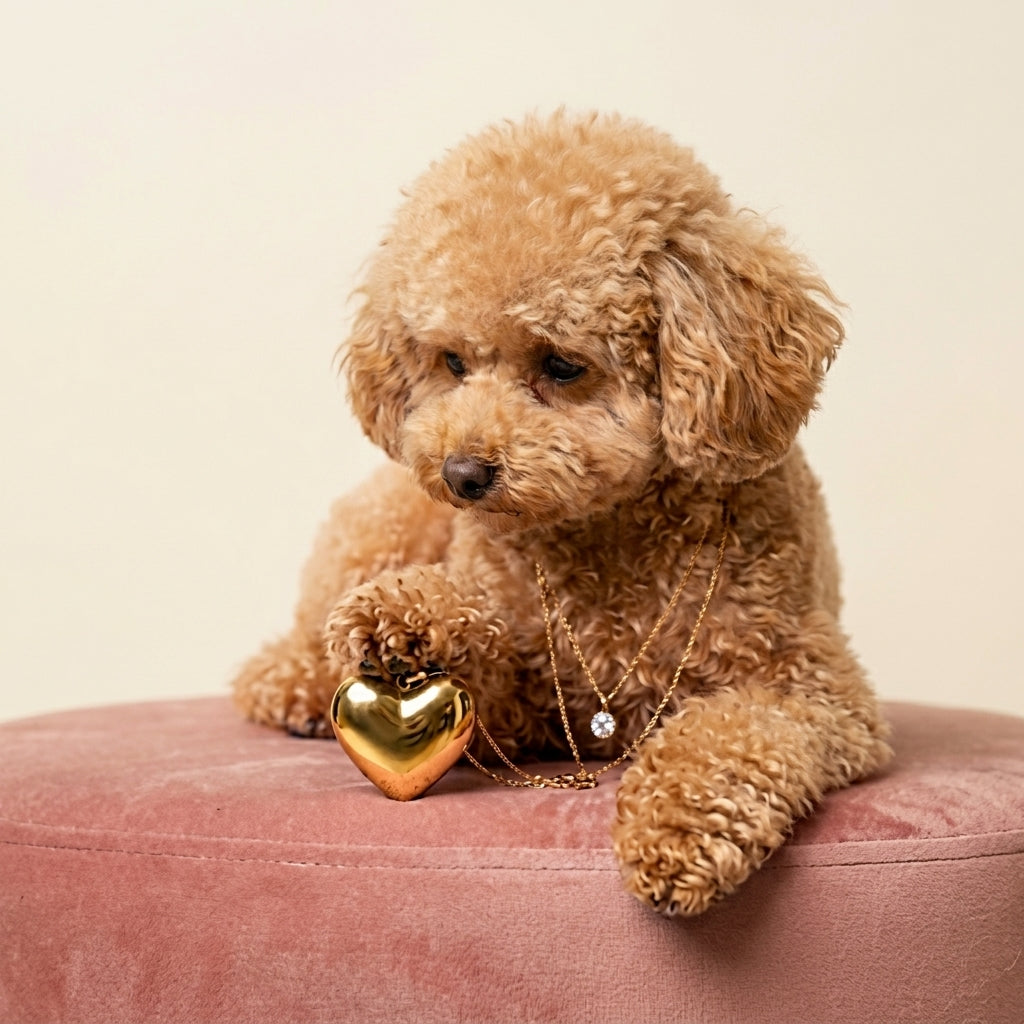 A small curly-haired tan dog sits on a dusty pink velvet stool, wearing layered gold necklaces and holding a shiny gold heart-shaped pendant.