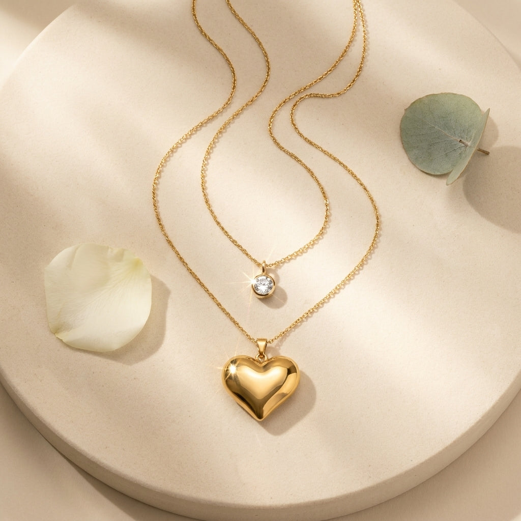 Two delicate gold necklaces displayed on a beige circular tray. The longer necklace features a polished gold heart pendant, while the shorter necklace has a small clear gemstone heart pendant.