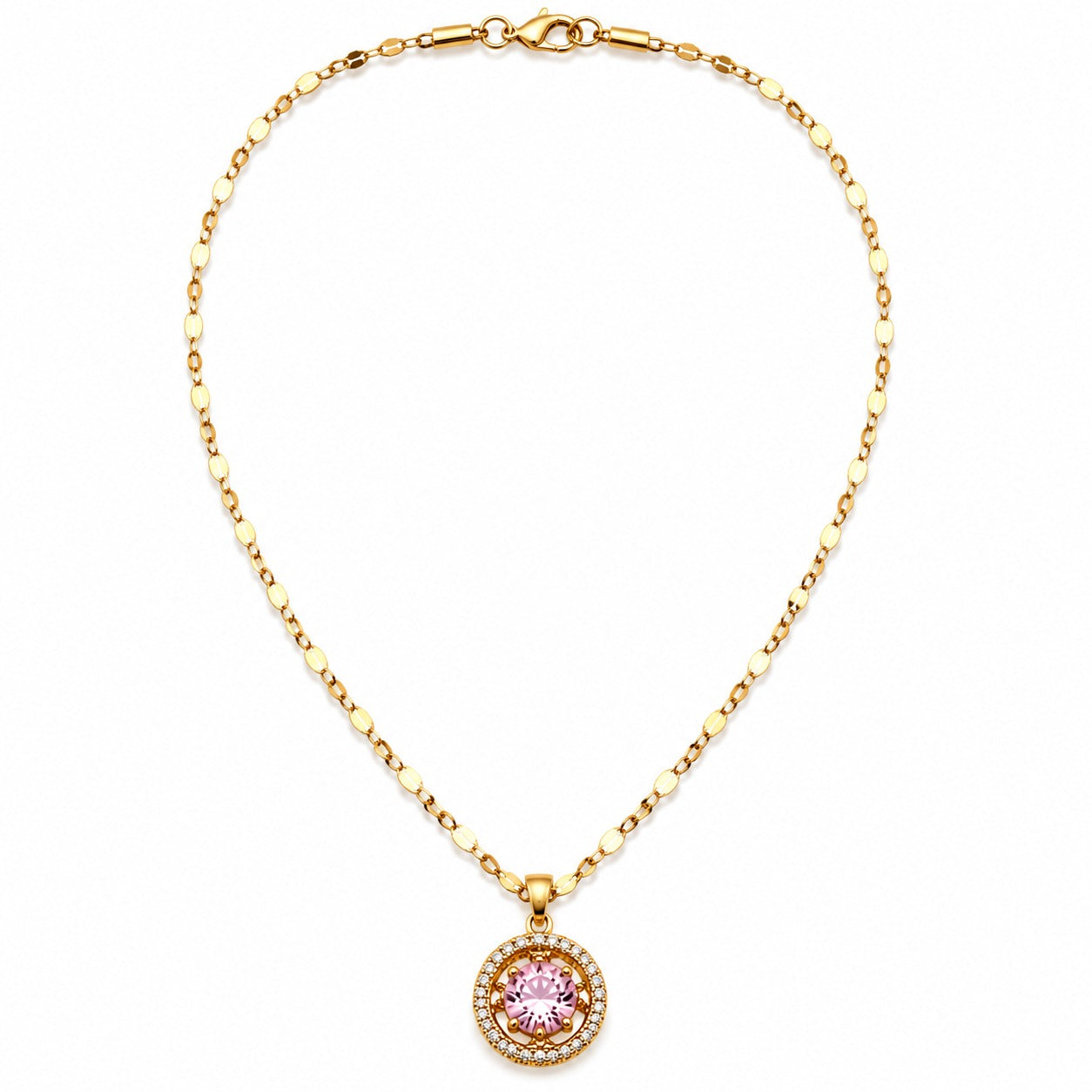 A gold chain necklace with a round pendant featuring a pink gemstone surrounded by small clear stones, displayed on a clean white background.