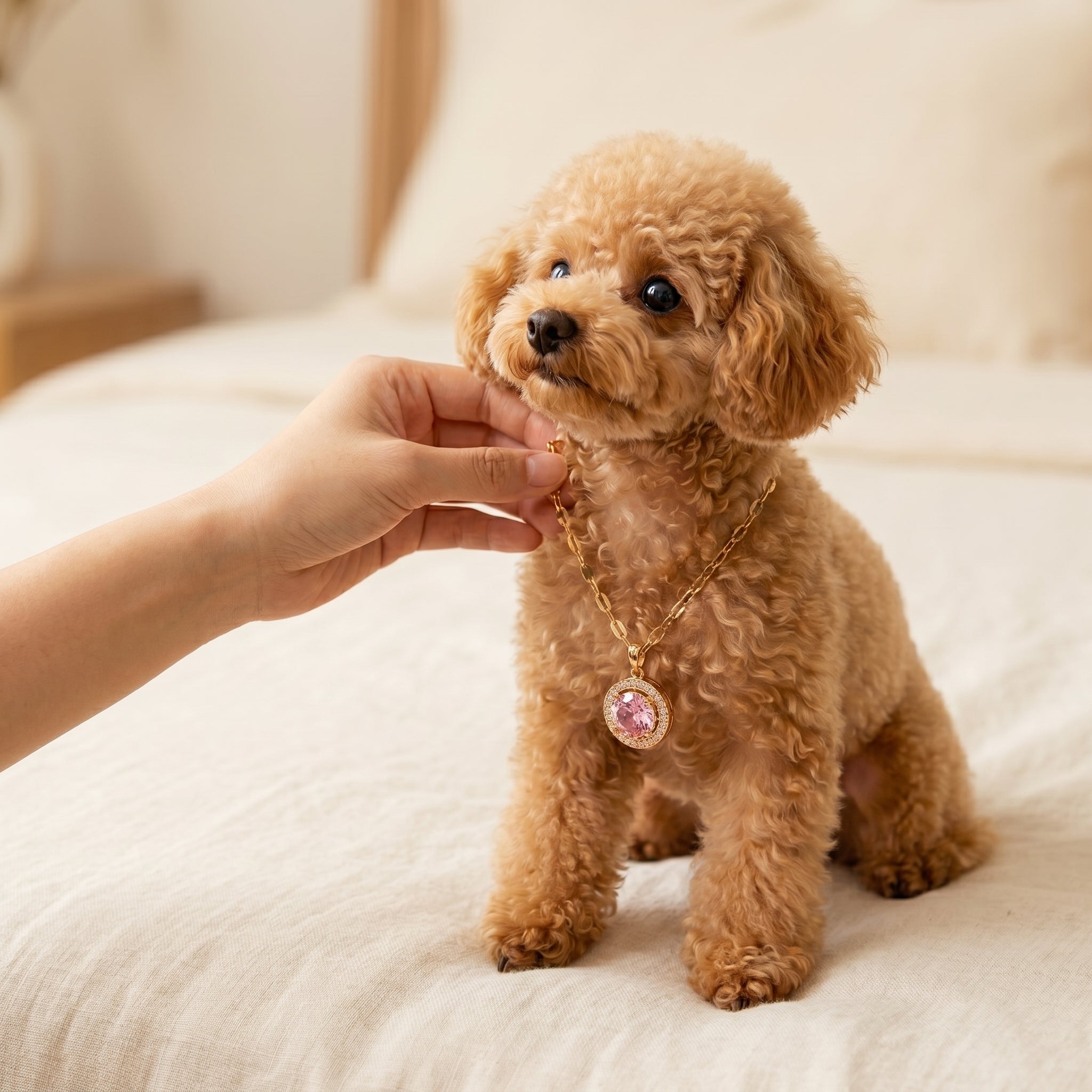 A small curly-haired brown dog wearing a gold necklace with a pink circular pendant, sitting on a white bed while a human hand gently holds its chin.