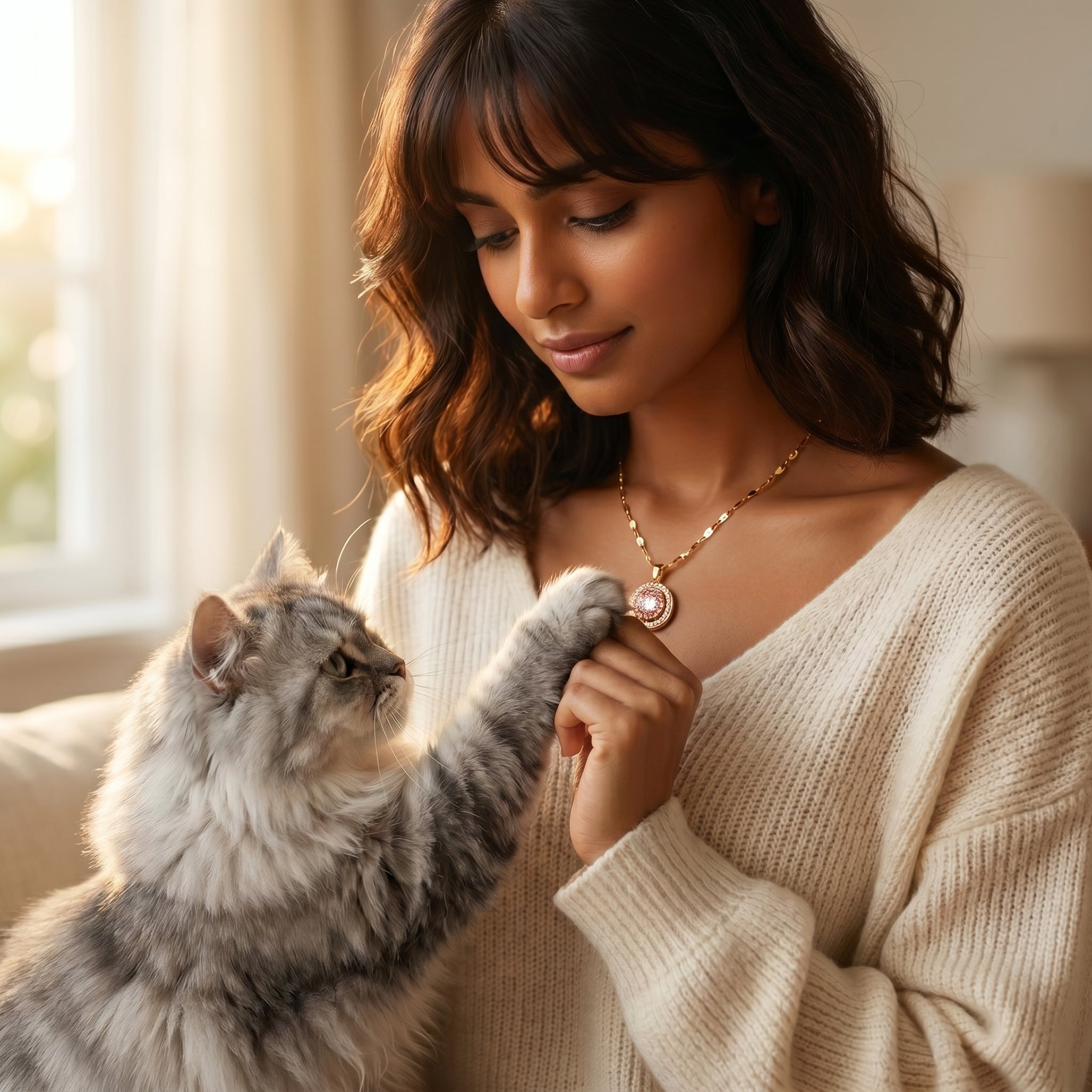 A woman in a cream knit sweater wears a delicate gold necklace with a round pearl-like pendant, while a fluffy gray cat rests on her lap and touches her hand. The photo is taken in a softly lit indoor setting with warm natural light.