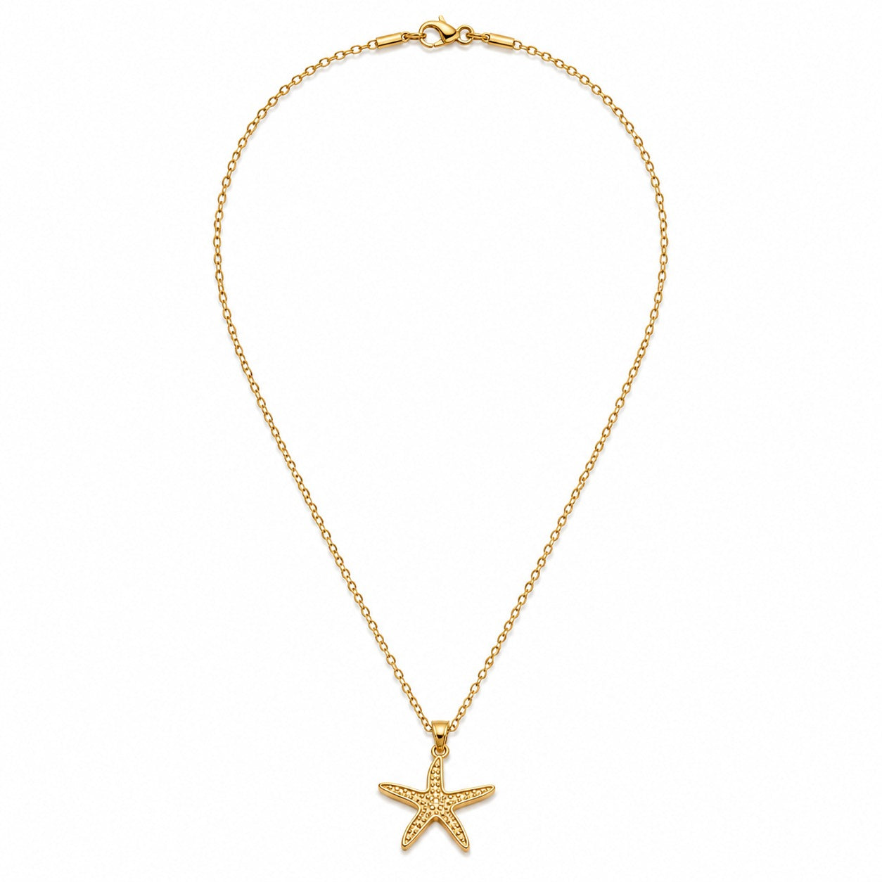 A gold starfish pendant necklace on a delicate gold chain, displayed against a clean white background.
