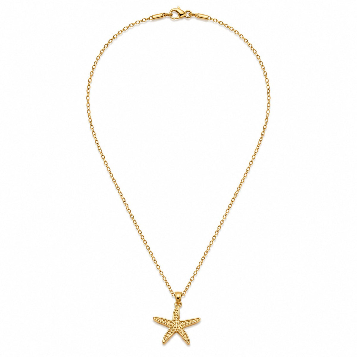 A gold starfish pendant necklace on a delicate gold chain, displayed against a clean white background.