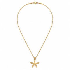 A gold starfish pendant necklace on a delicate gold chain, displayed against a clean white background.