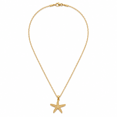A delicate gold chain necklace featuring a small starfish pendant, displayed against a solid white background.