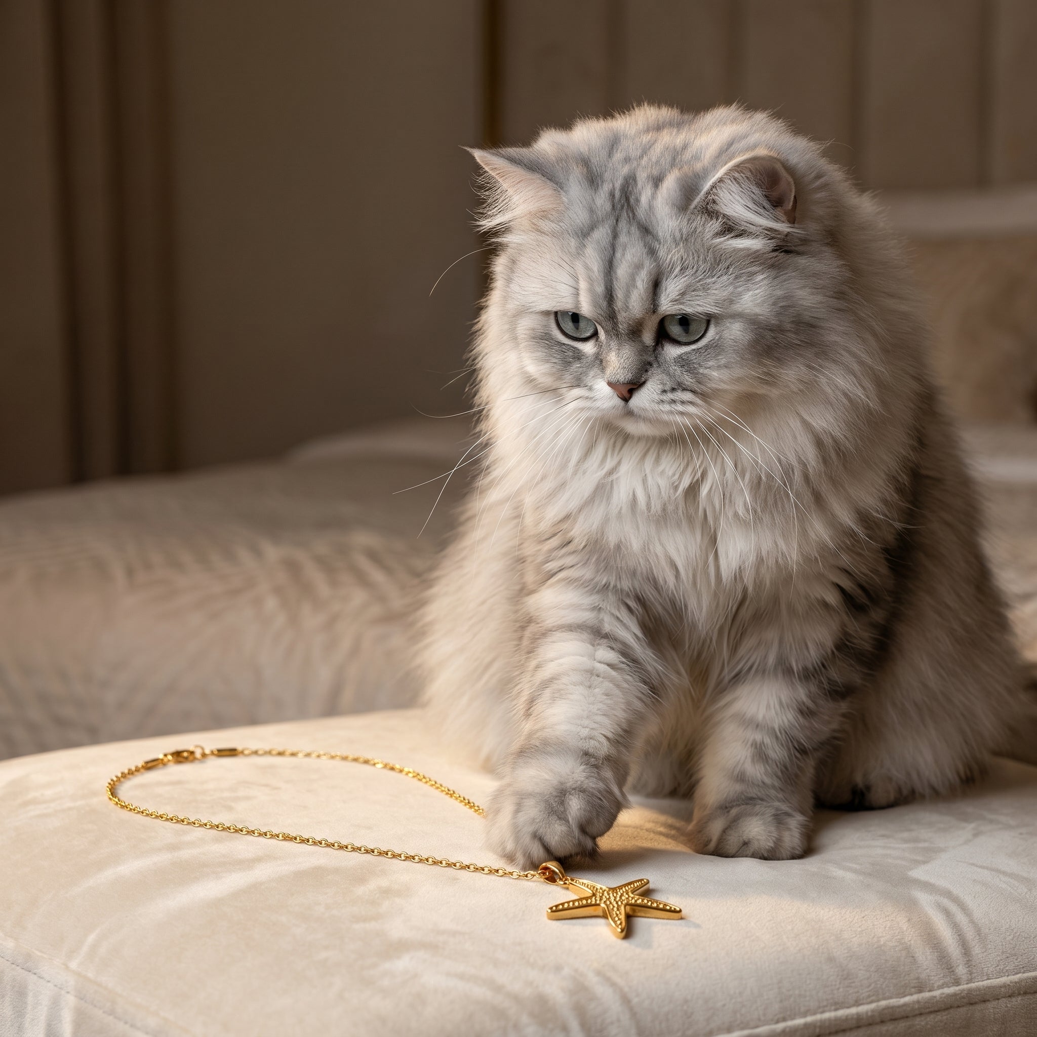 A fluffy silver-gray cat sits on a cream velvet cushion, reaching toward a gold starfish pendant necklace draped on the cushion.