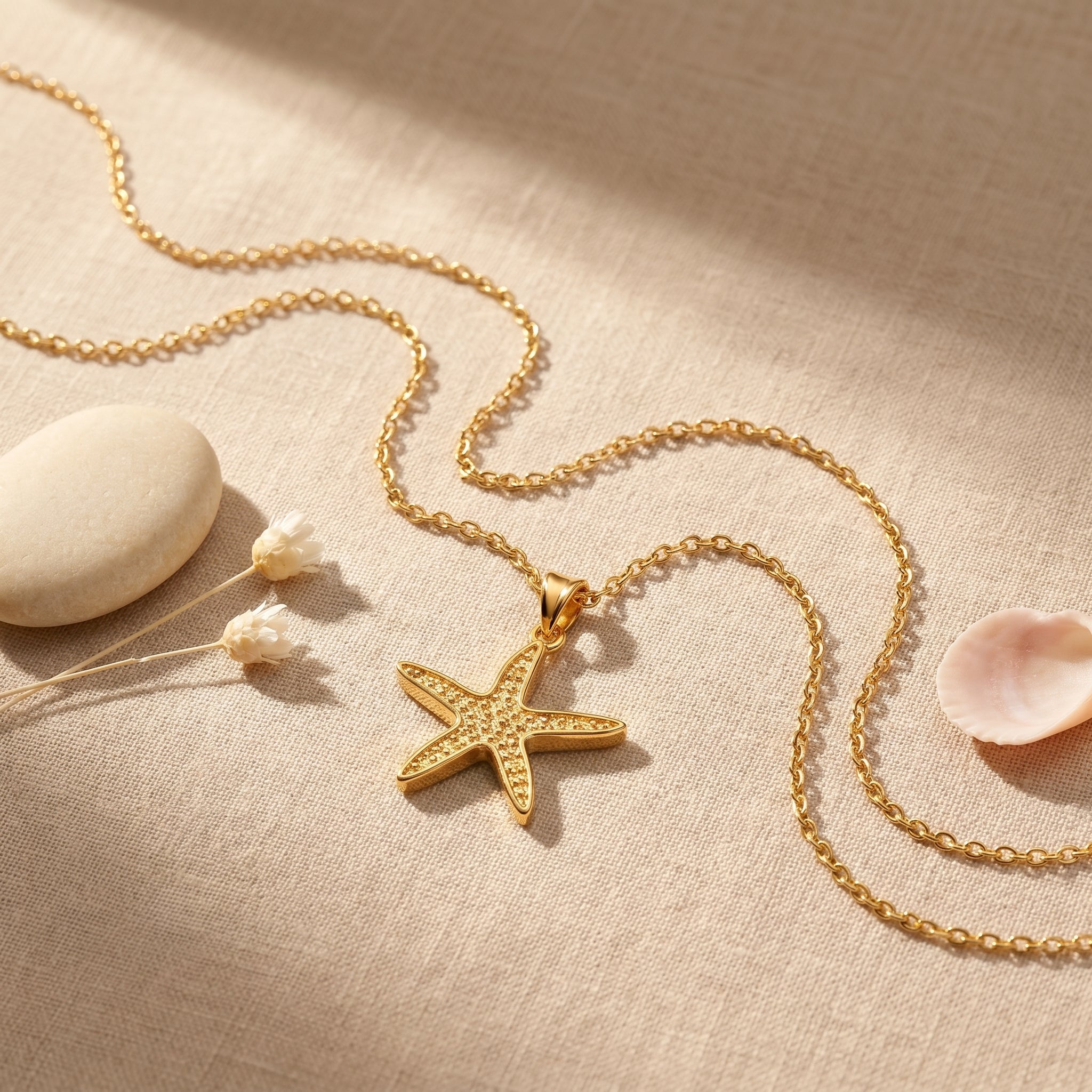 A gold starfish pendant necklace on a matching chain, styled on a beige linen fabric with a white stone, dried flowers, and a pink shell.