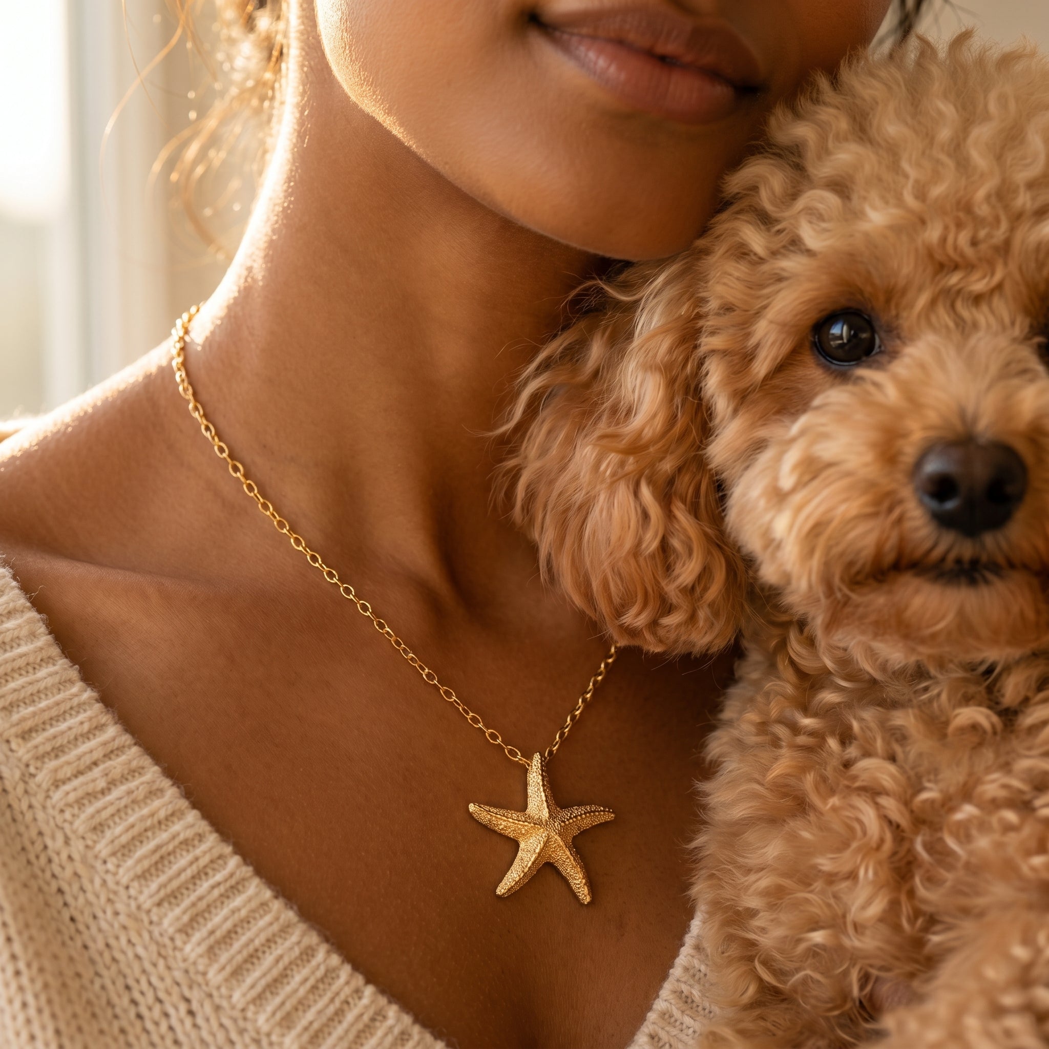 A close-up lifestyle shot of a woman wearing a delicate gold chain necklace with a starfish pendant, holding a fluffy light brown poodle dog.