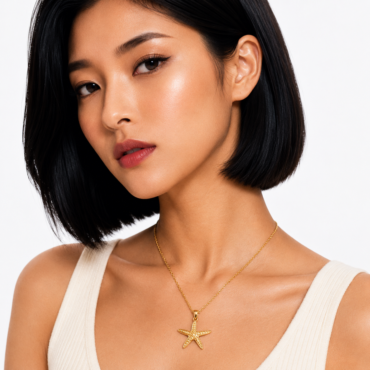 A close-up of a woman with a short black bob hairstyle wearing a delicate gold chain necklace with a starfish pendant, paired with a cream ribbed tank top against a clean white background.