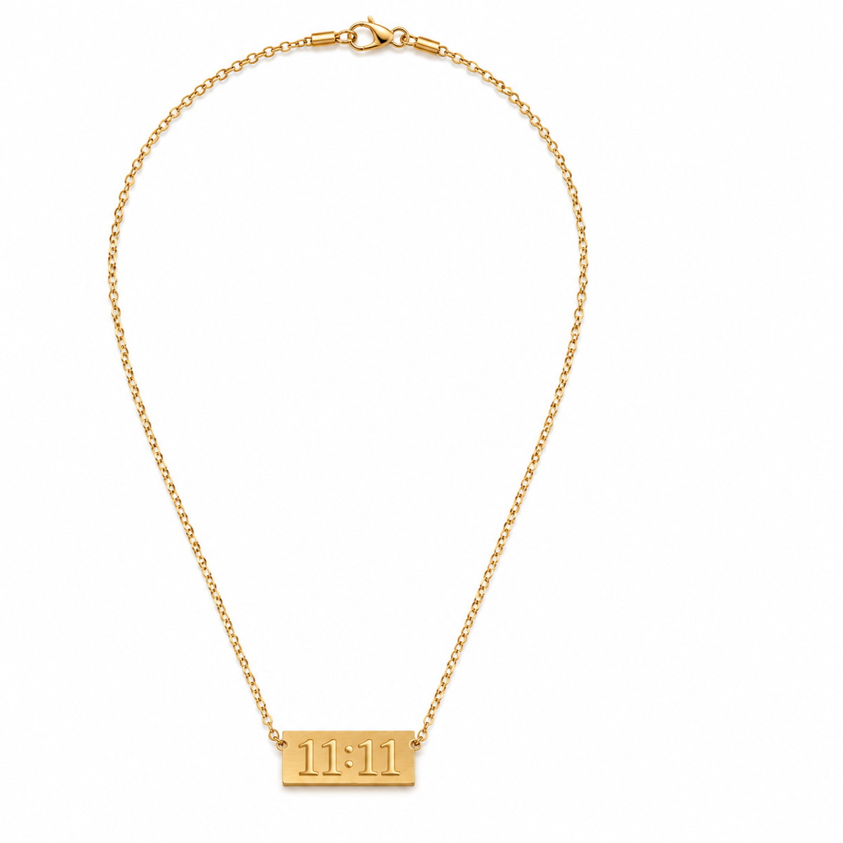A gold chain necklace with a small rectangular bar pendant engraved with '11:11', shown on a plain white background.