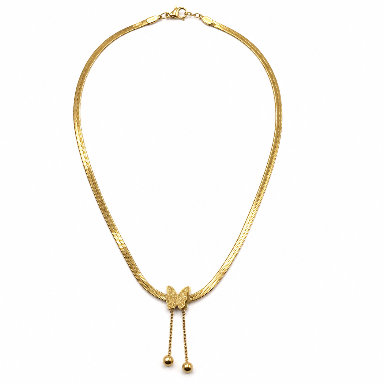A gold snake chain necklace with a butterfly-shaped pendant and two dangling bead chains, shown on a plain white background.