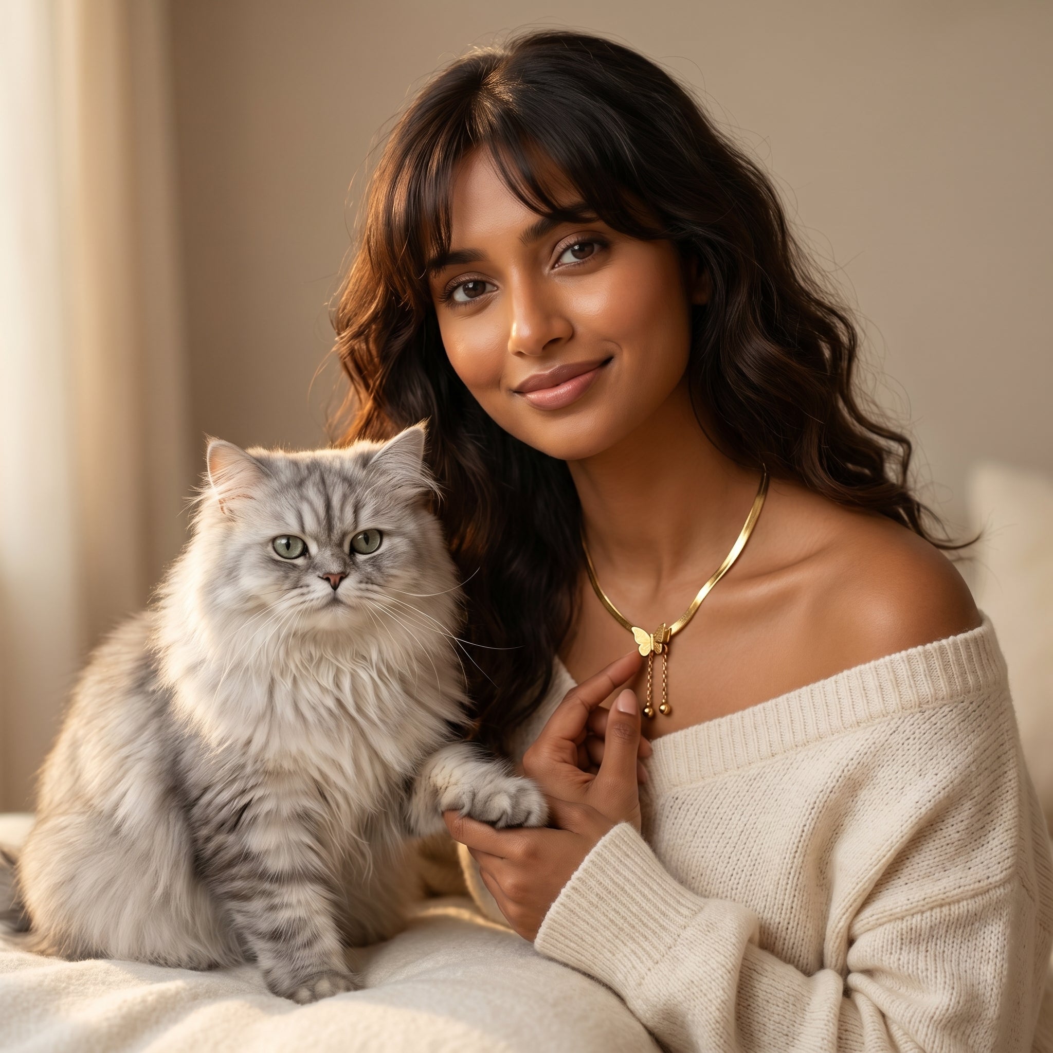 A woman with long dark hair wearing a cream off-the-shoulder sweater and a gold necklace, sitting indoors next to a fluffy silver-gray cat.