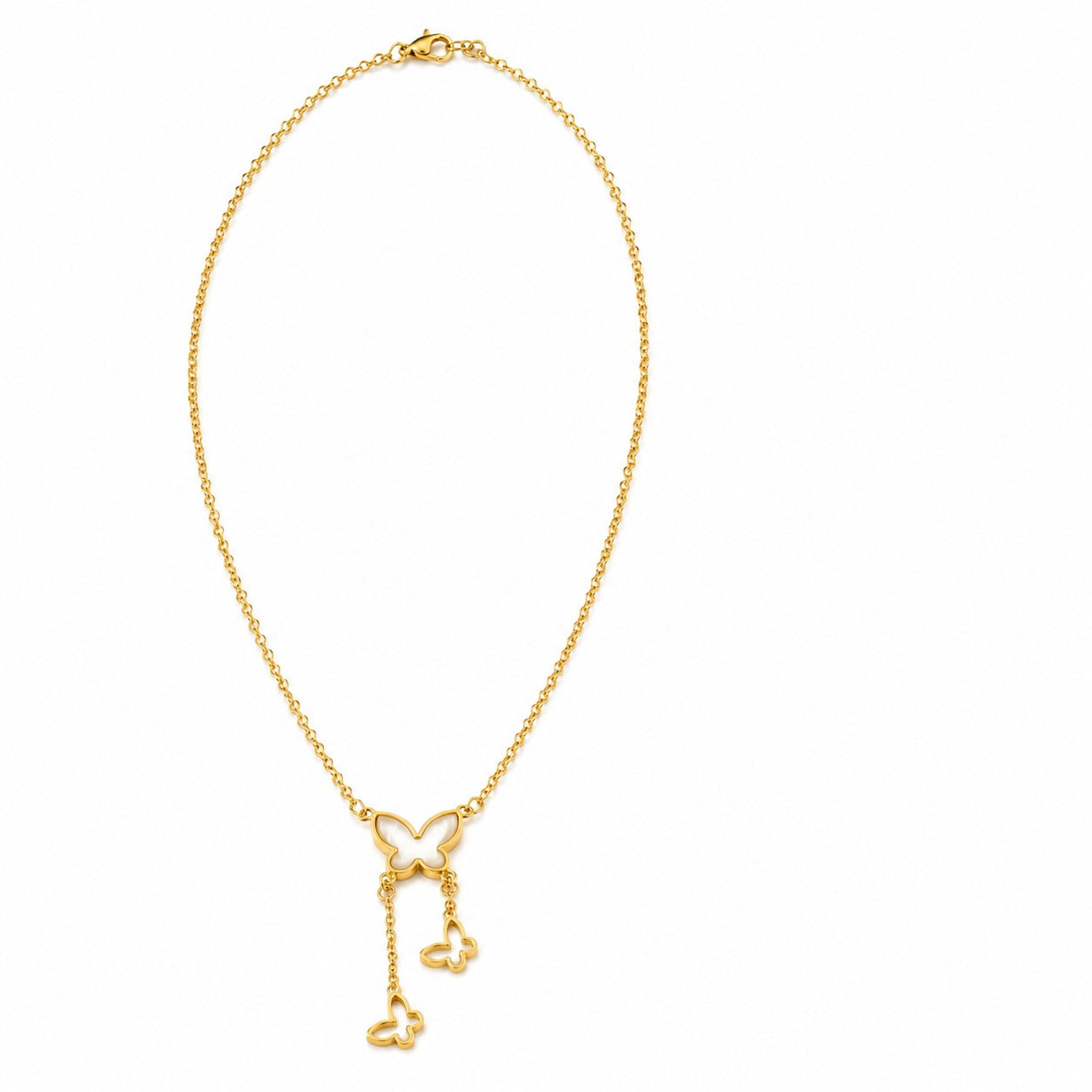 A delicate gold chain necklace featuring a butterfly-shaped pendant with two dangling key charms, displayed on a clean white background.