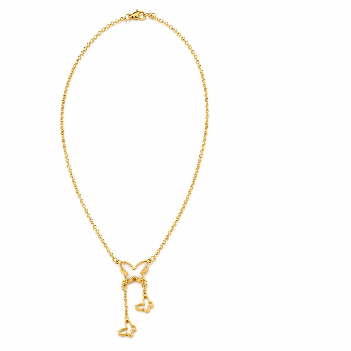 A delicate gold chain necklace featuring a butterfly-shaped pendant with two dangling key charms, displayed on a clean white background.